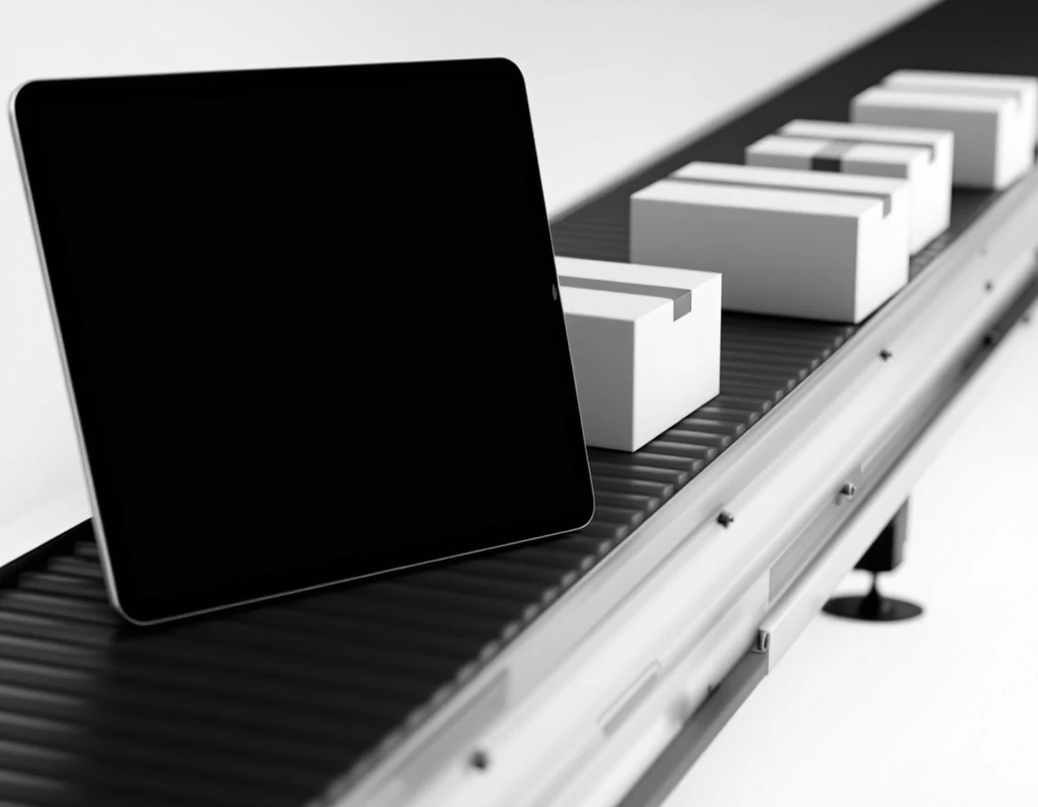 Bant üzerinde dizilmiş karton koliler ve yanında ekranı kapalı bir tablet; sade lojistik sahnesi