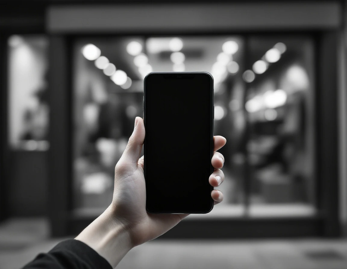 Küçük bir dükkan vitrini önünde telefon tutan bir el