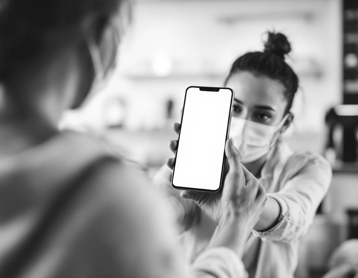 Kasa başında müşteriye telefon ekranı gösteren bir esnaf