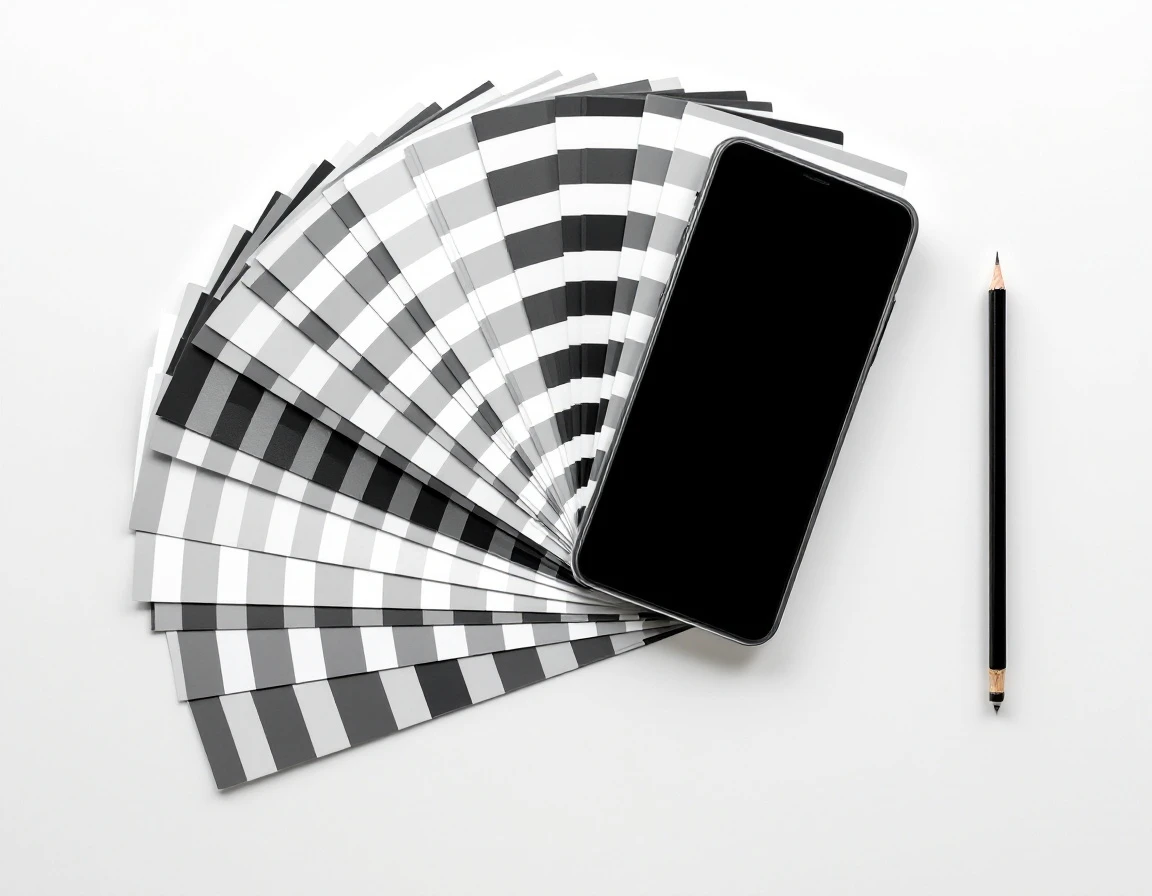 Masa üzerinde renk kartelası, kalem ve boş ekranlı bir telefon
