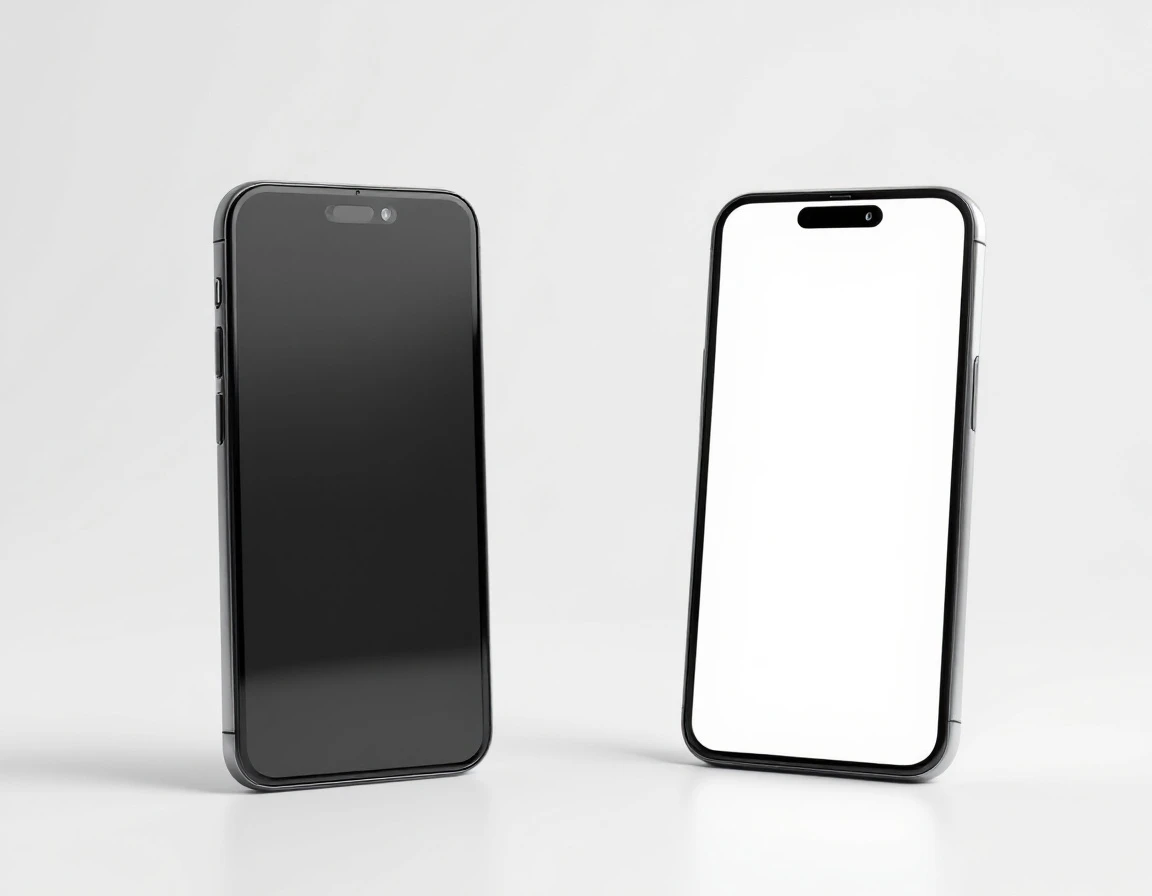 Yan yana duran iki akıllı telefon, biri koyu biri açık boş ekranla