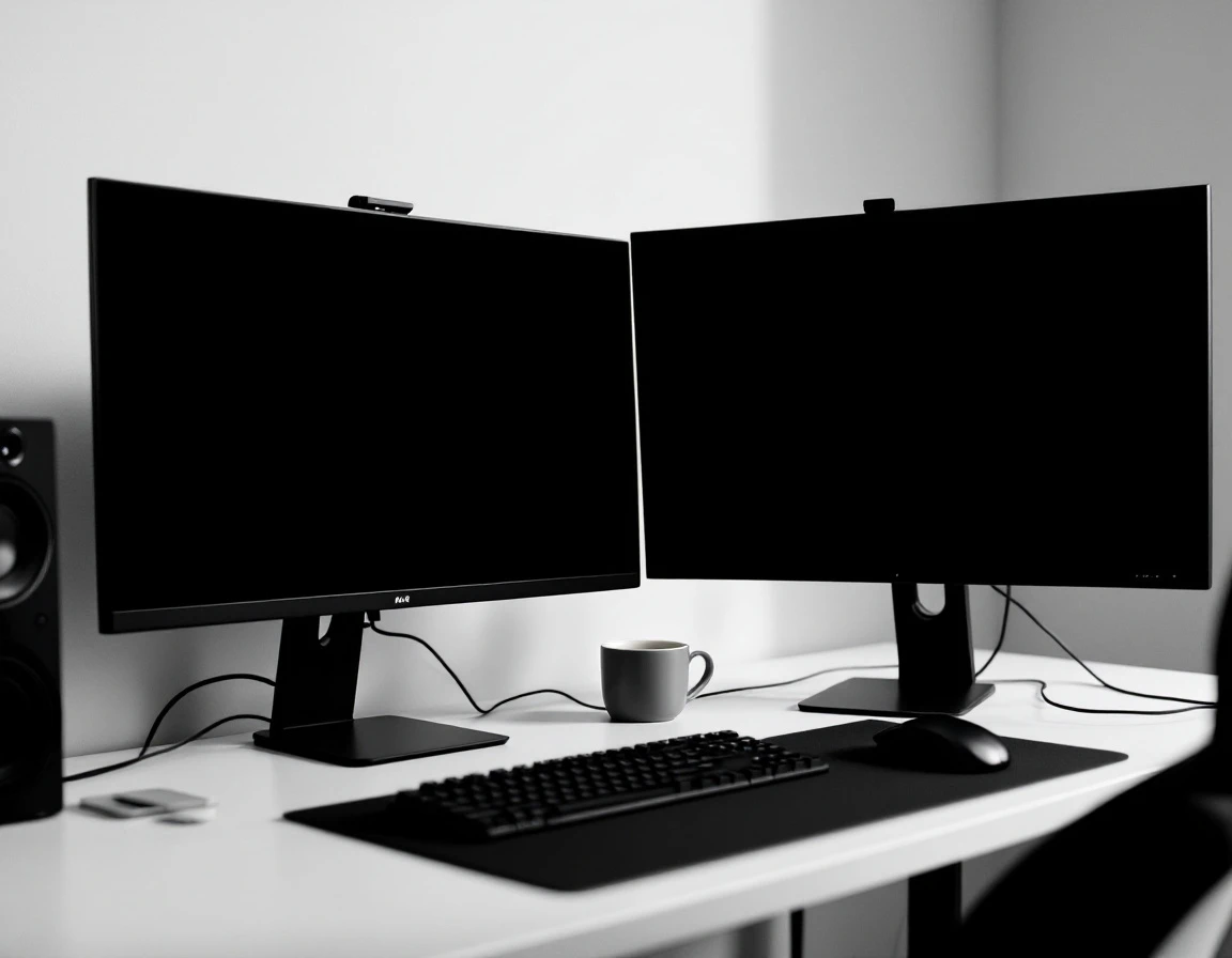 İki monitörlü bir geliştirici masası, ekranlar kapalı, yanında bir fincan kahve; geliştirme aşamasını anlatan sade fotoğraf